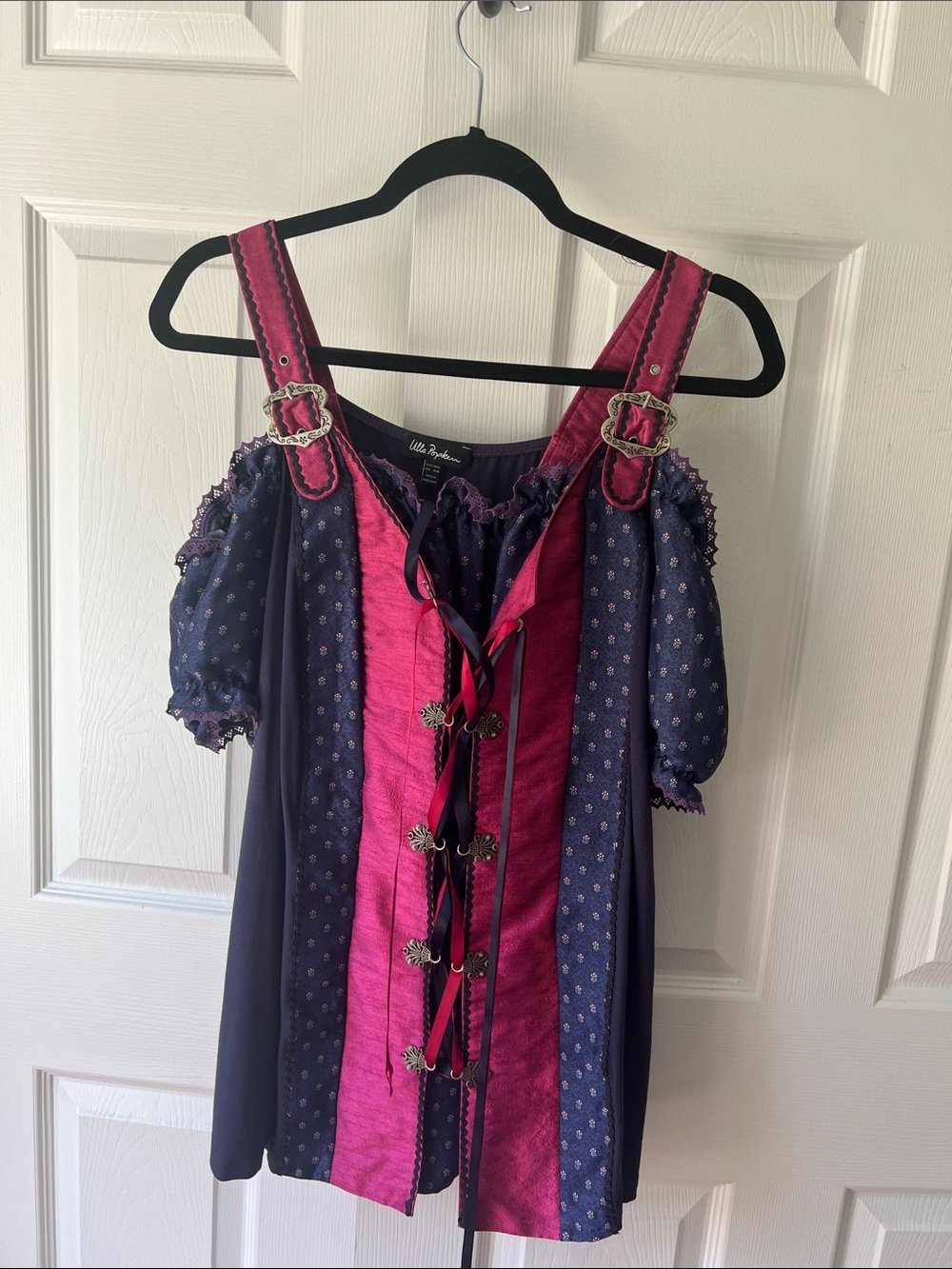 Ulla Popken Pink and Navy Off-Shoulder Lace-Up Tunic